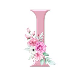 the letter i is decorated with pink roses and green leaves on a light pink background