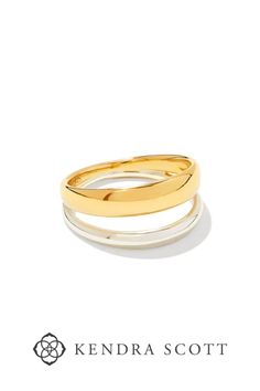 two tone gold wedding band set on white background with the words, kendra scott