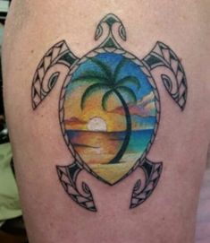 a turtle with a palm tree on it's back