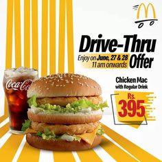 an advertisement for a fast food restaurant called drive thru, with two hamburgers and a soda