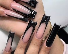 XXL Square Black Bling Nails - Etsy Y2k Long Square Nails, French Tip Nail Designs With Rhinestones, Black French With Design, Fuerza Regida Nails, Black Long Nails Ideas, Long Black Nail Designs, Nails With Boyfriends Name, Black Glam Nails, Black Birthday Nails