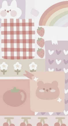 an animal themed wallpaper with hearts, flowers and other things in pastel colors