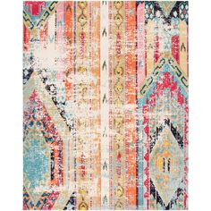 a multicolored area rug with an abstract design on the front and back side