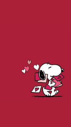 a snoopy dog with hearts flying out of it's mouth on a red background