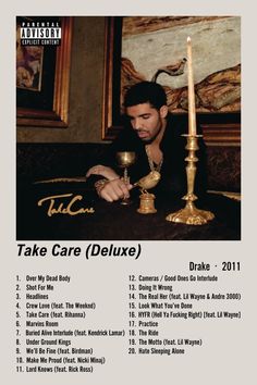 a man sitting at a table with a candle in front of him and the words take care deluxe on it