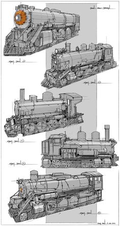 three different views of an old train engine and its workings, including the front end