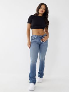 BECCA BOOTCUT JEAN Jeans On Black Women, Levi Flare Jeans Outfit, Pretty Little Thing Jeans, Outfits With Bootcut Jeans, Jean Sweatpants, True Religion Jeans Outfit, Bootcut Outfit, Mid Rise Jeans Outfit, True Religion Outfits