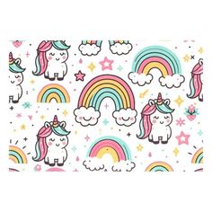 unicorns and rainbows on white background with stars, clouds, and hearts in pastel colors