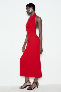 MIDI HALTER DRESS - Red | ZARA United States Midi Halter Dress, Zara Red Dress, Red Halter Dress, Trench Coat Dress, Back Back, Halter Neck Dress, Halter Midi Dress, Cardigan Sweater Jacket, Tshirt Skirt