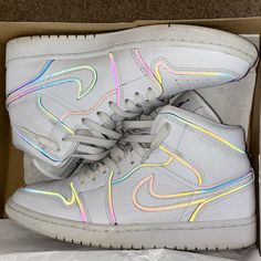 Reflective Jordan, One Mids All White With Black Outlining When Flashes Shined, They Streak A Multicolor Shine True To Size Kept In Very Good Condition Custom Jordan Shoes For Women, Custom Jordan Shoes, Custom Jordan, Jordan One, Jordan Shoes For Women, Custom Jordans, Jordan 1s, Womens Jordans, All White