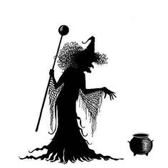 a black and white drawing of a witch holding a broom next to a caulder