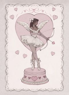 a drawing of a girl holding a bow and arrow on top of a heart shaped box