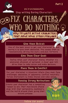 a poster with the words fix characters who do nothing