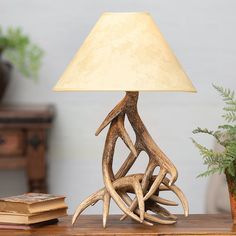 an antler lamp on a table next to a potted plant and bookcase