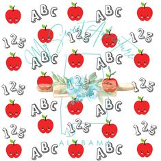 an apple themed wallpaper with numbers and apples on it's sides, along with faces in the middle