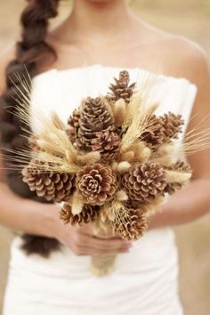 the wedding bouquet is made out of pine cones and dried grass, with text that reads park city utah rustic wedding inspiration