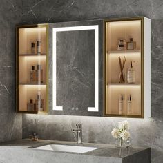 a bathroom vanity with lighted medicine cabinet and mirror