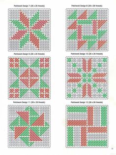 four different cross stitch patterns in red, green and white with the same color scheme