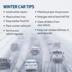 several cars driving down a snowy road in the middle of winter with instructions on how to keep your vehicle safe