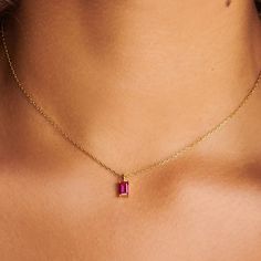 A dainty stone and delicate metallic chain are combined to create this Gold Pendant Necklace in brilliant ruby, your new favorite wear-anywhere accessory.   The birthstone for the month of July is Ruby. This bold, saturated red gemstone helps the wearer overcome challenges and symbolizes courage and passion.  Authentic ruby stone; Made of 14K gold plated sterling silver.   Hypoallergenic, nickel, and lead-free. Tarnish resistant. H2O sensitive. We recommend taking it off during the shower or goi Birthday Stone, Ring Der O, Ruby Necklace, Ruby Stone, Stone Pendant Necklace, July Birthstone, Steel Necklace, Girls Jewelry, Birthstone Necklace