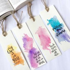 three bookmarks with watercolor paint on them and the words, i can do all things you want