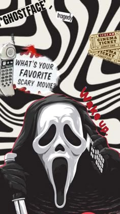 a movie poster with a person in a mask holding a cell phone