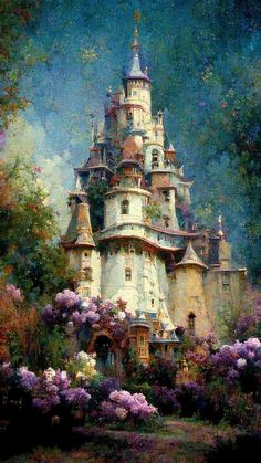 a painting of a castle surrounded by flowers