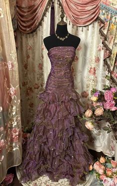 Maximalist Prom Dresses, Enchanted Theme Dress, 2010 Prom Dresses, Tangled Inspired Dress, Prom Dresses Extravagant, Purple Prom Dress Aesthetic, Fairy Core Prom Dress, Yule Ball Dress Aesthetic, Fairy Dress Prom