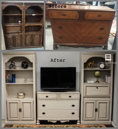 before and after photos of an old entertainment center makeover with chalk paint, shelving, and furniture