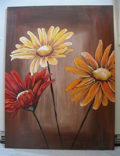 a painting of three yellow and red flowers