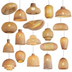 many different types of lights hanging from the ceiling in various shapes and sizes, all made out of wicker