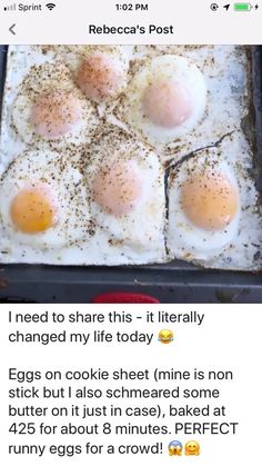 an image of eggs in a pan with seasoning on top and the words, need to share this it literally changed my life today