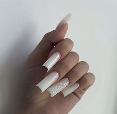 Long Milky White Nails, White Glitter Nails, Grunge Nails, Glow Nails, School Nails, Nails Desing, Fire Nails, Nail Shapes