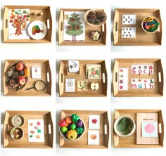 six wooden trays filled with different types of crafts and activities for children to make