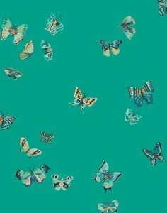 a group of butterflies flying in the air on a green background with blue and yellow colors