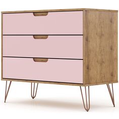 a pink and wood dresser with three drawers