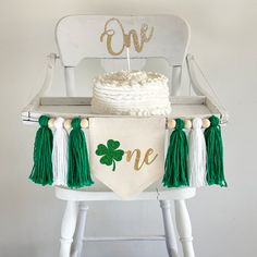 a cake sitting on top of a white chair