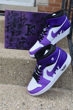 Custom made Jordan 1s with a purple fade that drips on the Nike sign. The paint is permanent and will not come off it is also 100 percent water proof. Prices are higher because the base shoes are a lot harder to get as the growing popularity of Jordan 1 mid increases. If you want the same design on a airforce 1 mid just select that option! The picture is just a mock-up and the real shoe will be the same colors as the Jordan 1 mid! The sizes are listed in men's but if you want a women's size just Buty Jordan, Nike Sign, Nike Shoes Women Fashion, Buty Marki Nike, Pretty Sneakers, Custom Sneakers Diy, Boty Nike, Marvel Background, Custom Shoes Diy