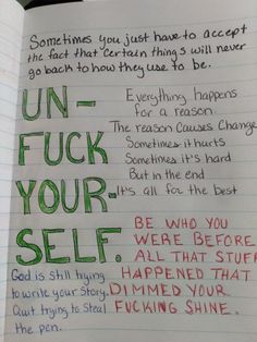 an open notebook with writing on it that says, don't f k your self