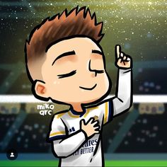 a cartoon boy with his hand up in the air while standing on a soccer field