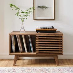 a record player sitting on top of a wooden cabinet next to a potted plant