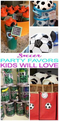 several different pictures with soccer themed items and words that say party favors kids will love