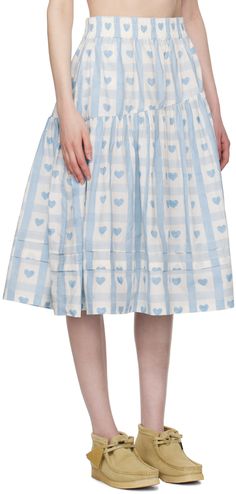 Organic cotton poplin skirt. Hand-block printed graphic pattern throughout. · Elasticized waistband · Asymmetric gathered seam · Flared hem · Seam pockets Supplier color: Blue heart Blue Juniper, Story Mfg, Poplin Skirt, Mid Length Skirts, Blue Heart, Graphic Patterns, Cotton Poplin, Block Print, Apparel Accessories