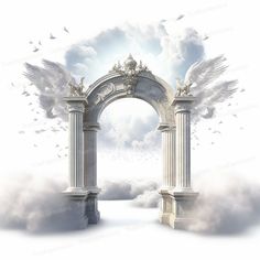 an arch in the sky with white clouds surrounding it and birds flying over it,