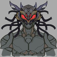 a stylized image of a creature with red eyes and long black hair, standing in front of a gray background