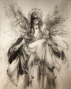 a pencil drawing of an angel sitting on top of a table