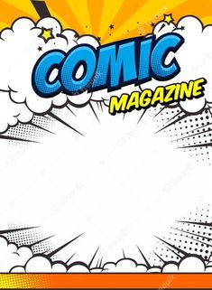 an image of comic magazine cover with clouds and sunbursts in the background