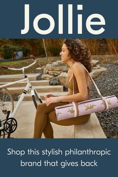 a woman sitting on a bench with a pink bag in front of her and text reading jollie shop this stylish phantaticphicic brand that gives back