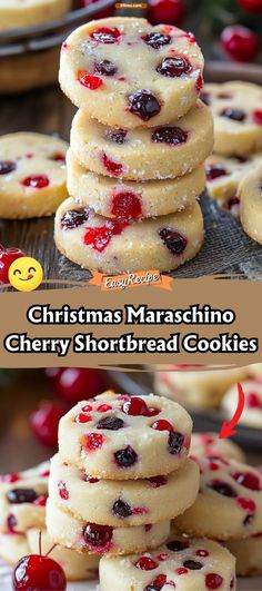 christmas maraschino cherry shortbread cookies stacked on top of each other