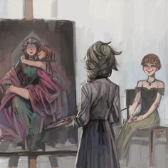 two women looking at an art work on easel with one woman holding the other